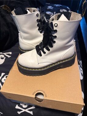 Dr. Martens White Leather Platform Lace-Up Boots with Yellow Stitching